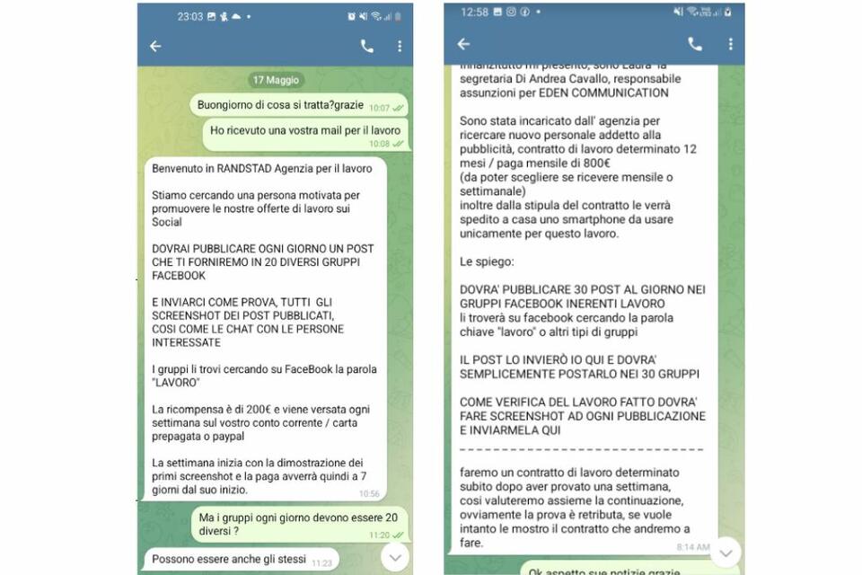 screenshot di annunci truffa su WhatsApp